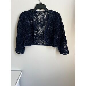 Jessica Howard Petite Sz 14‎ Navy Blue Floral Lace Sequin Bolero Shrug NWT
